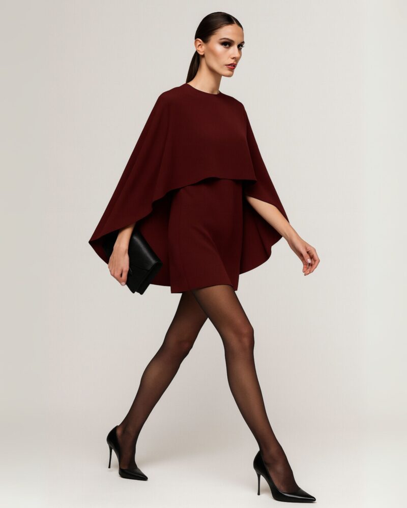 Elegancka sukienka z krepy z peleryną - burgundy