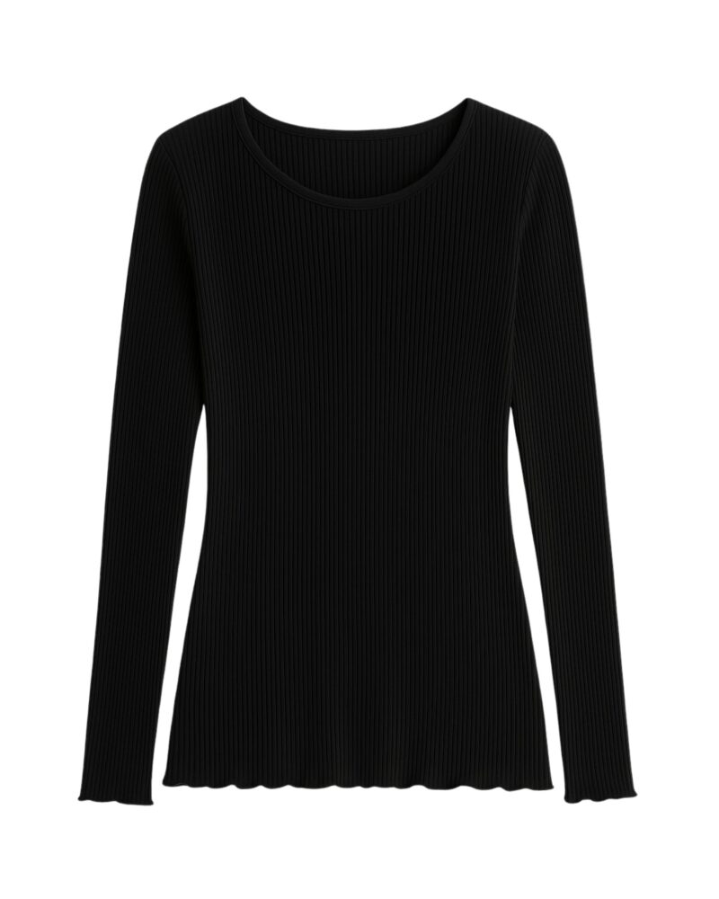 Jedwabny longsleeve z prążkowanej dzianiny - czarny