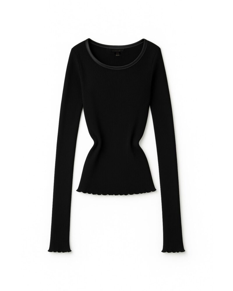 Jedwabny longsleeve z prążkowanej dzianiny - czarny