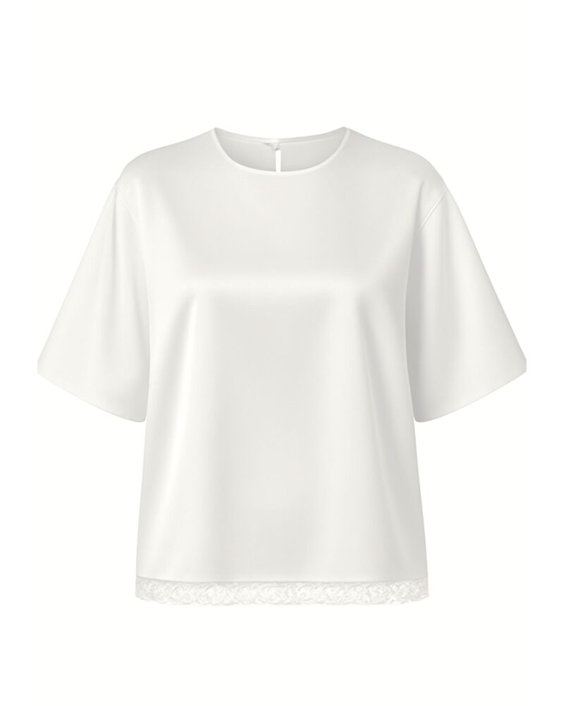 Jedwabny T-shirt Simple z koronką - ecru