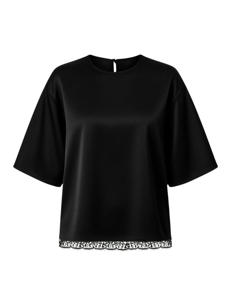 Jedwabny T-shirt Simple z koronką - czarny