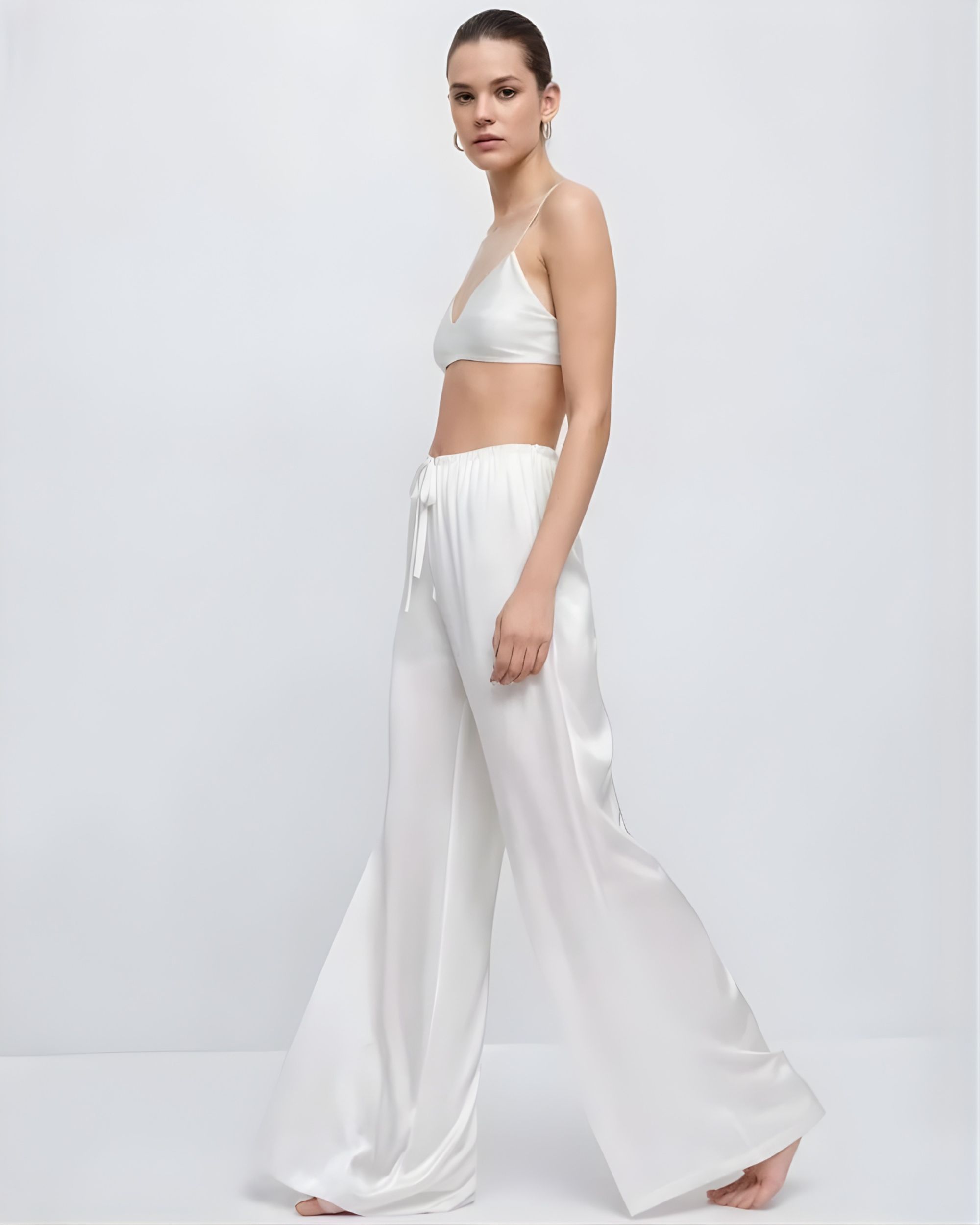 Jedwabne spodnie palazzo - ecru